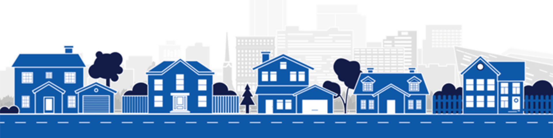 an illustration of the Lexington skyline with a row of houses in front of it